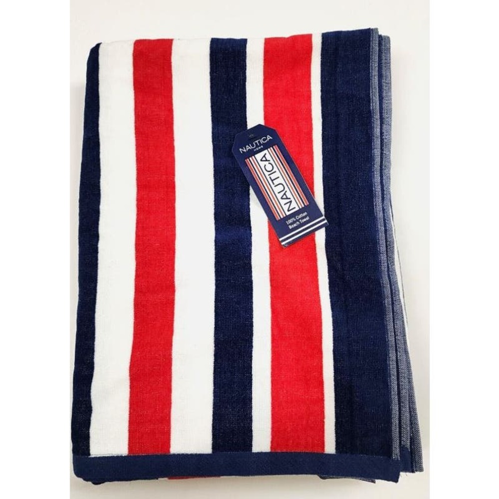 Nautica red blue white striped cotton Beach Pool Towel New - Picture 2 of 3